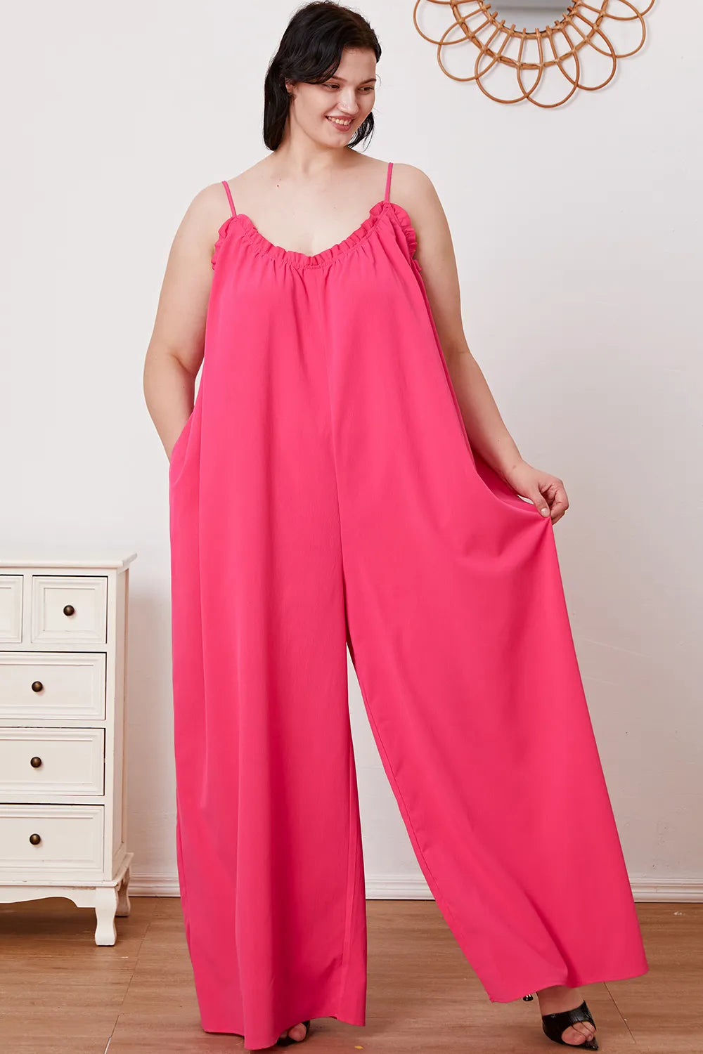 Double Take Full Size Ruffle Trim Tie Back Cami Jumpsuit with Pockets - Lilixa.store