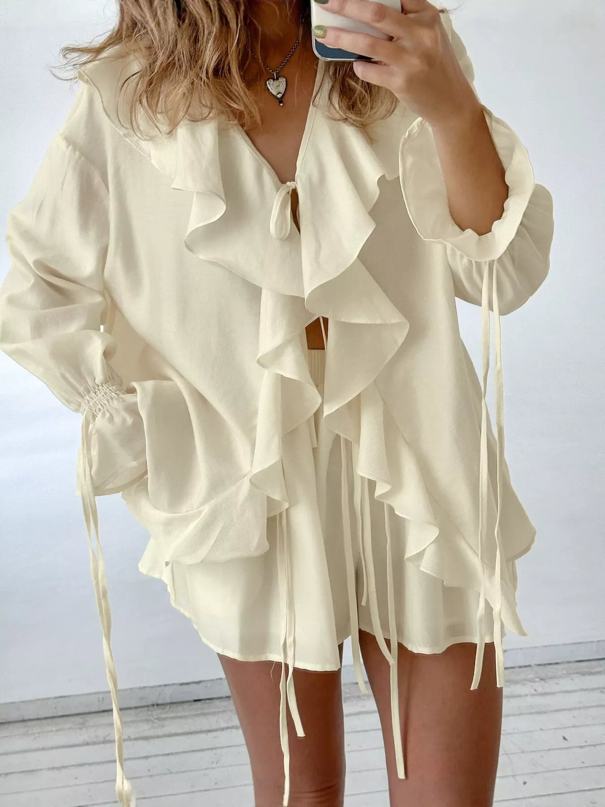 Ruffled Tie Front Blouse and Shorts Set in Beige