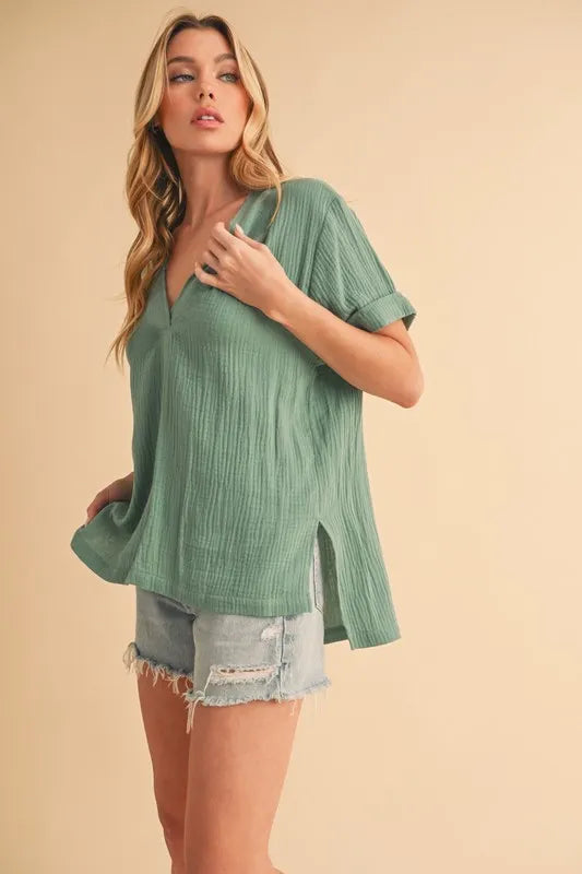 Aemi + Co Side Slit V-Neck Short Sleeve Blouse - Lilixa.store