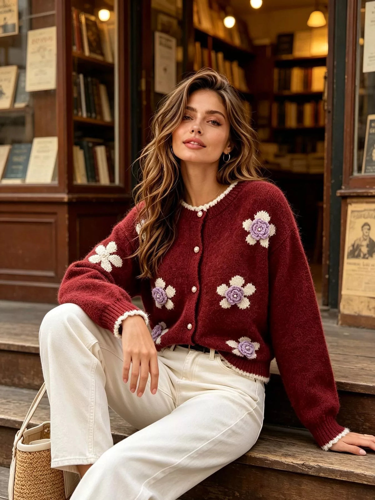 Floral Applique Button-Down Knit Cardigan, view 20