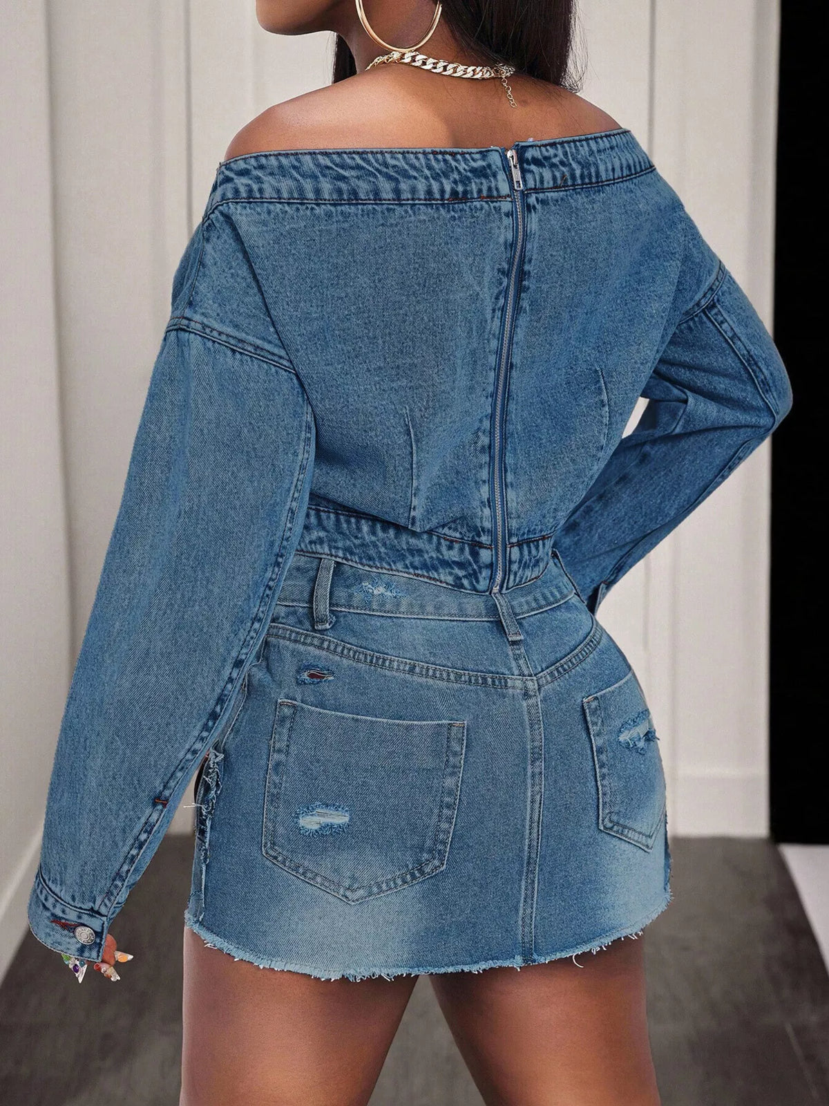 Off-Shoulder Long Sleeve Denim Top, view 6
