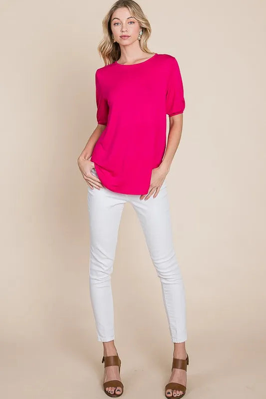 BOMBOM Round Neck Puff Sleeve T-Shirt - Lilixa.store
