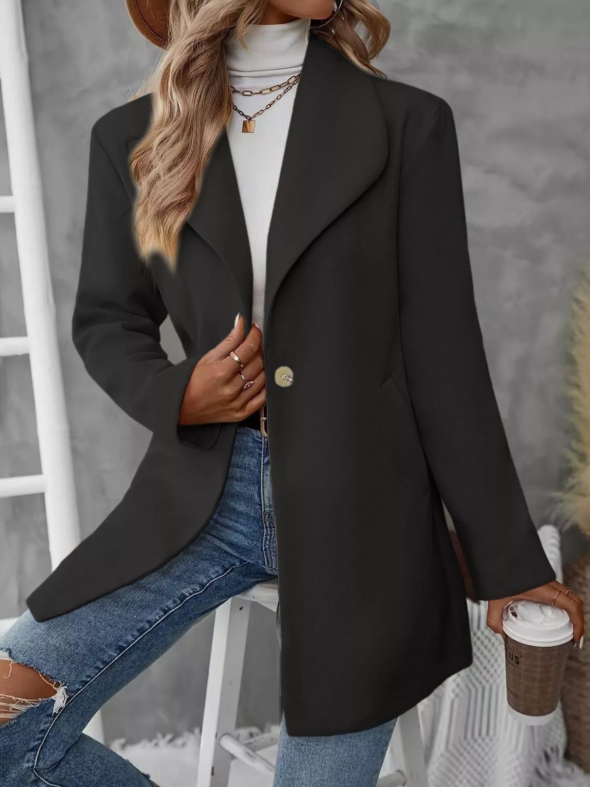 Lapel Collar Single-Button Wool Blend Overcoat - Lilixa.store