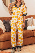 Short Sleeve Pumpkin Print Polka Dot Trim Pocket Placket Lounge Set - Lilixa.store