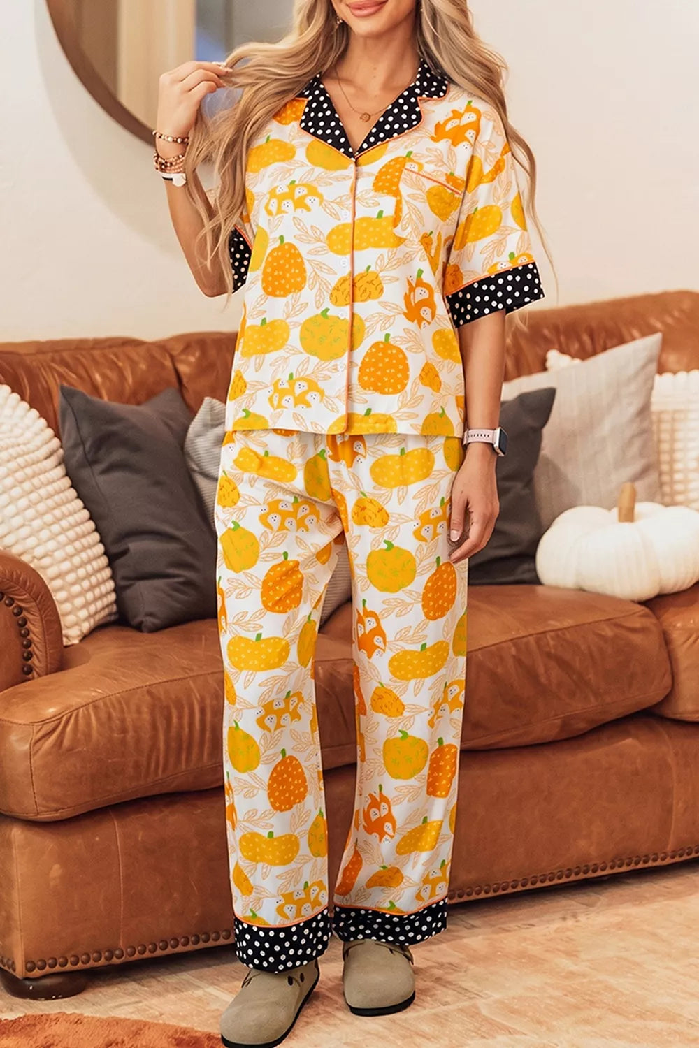 Short Sleeve Pumpkin Print Polka Dot Trim Pocket Placket Lounge Set - Lilixa.store
