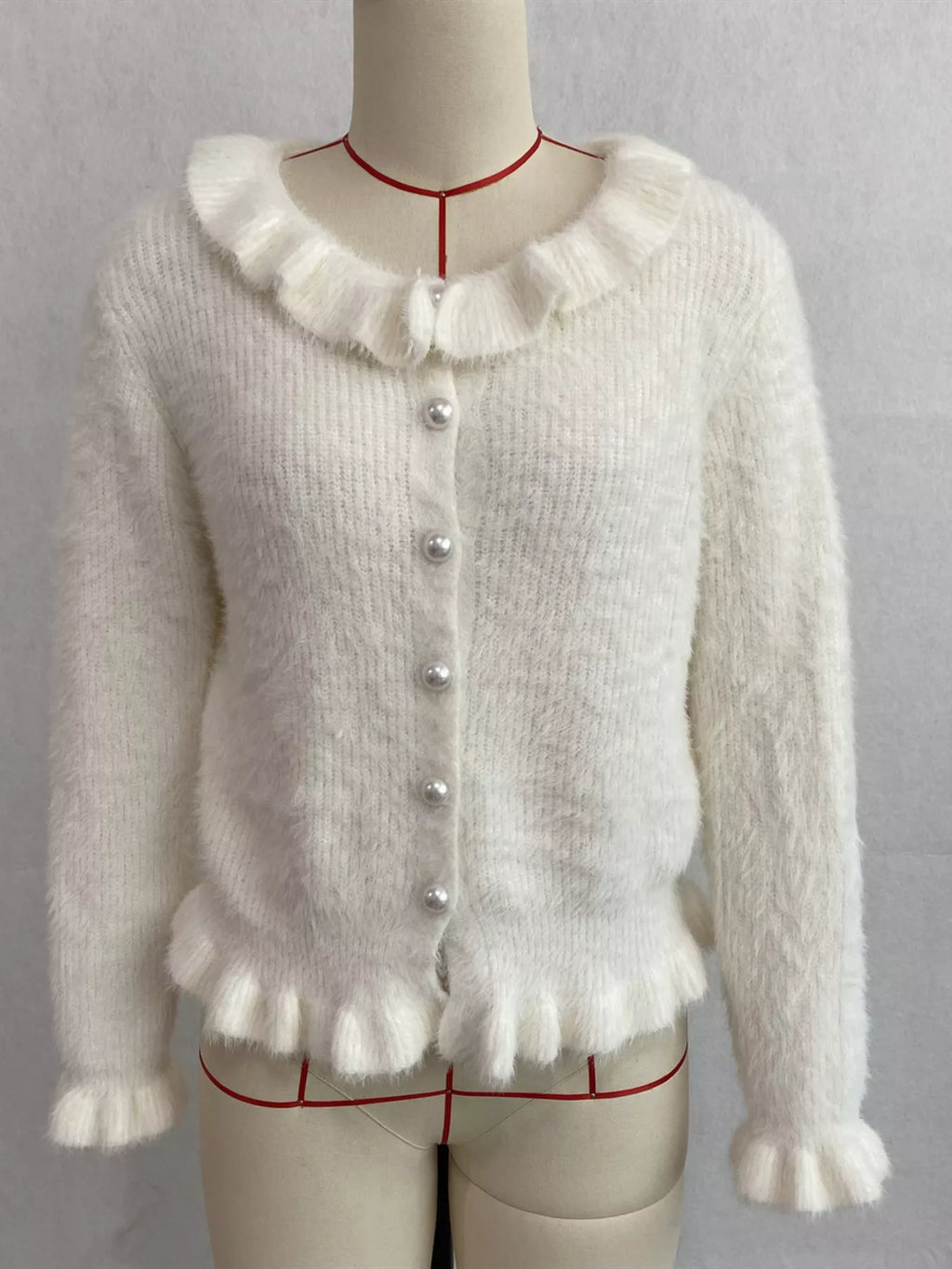 Soft Fuzzy Cardigan with Ruffled Collar and Pearl Buttons, view 9