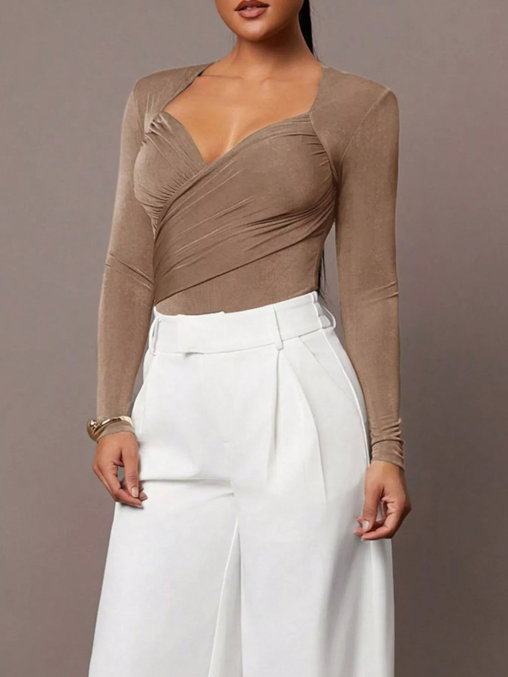 Ruched Surplice Long Sleeve Bodysuit - Lilixa.store