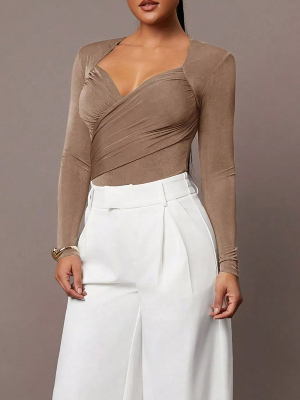 Ruched Surplice Long Sleeve Bodysuit - Lilixa.store