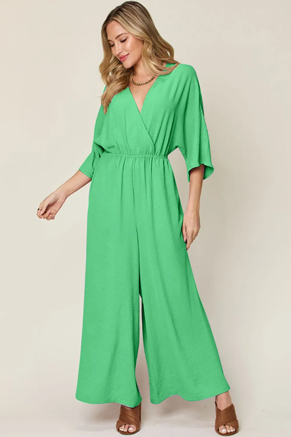 Double Take Full Size Surplice Wide Leg Jumpsuit with Pockets - Lilixa.store