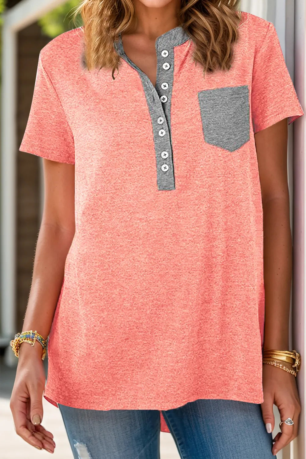 Full Size Half Button Short Sleeve T-Shirt - Lilixa.store