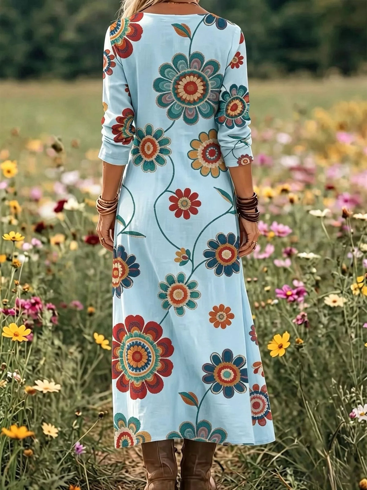 Floral Print V-Neck Long Sleeve Maxi Dress