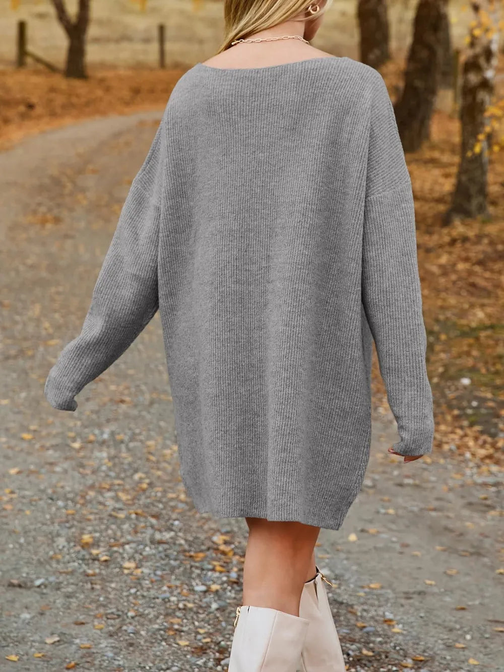 V-Neck Dropped Shoulder Sweater Dress, view 13