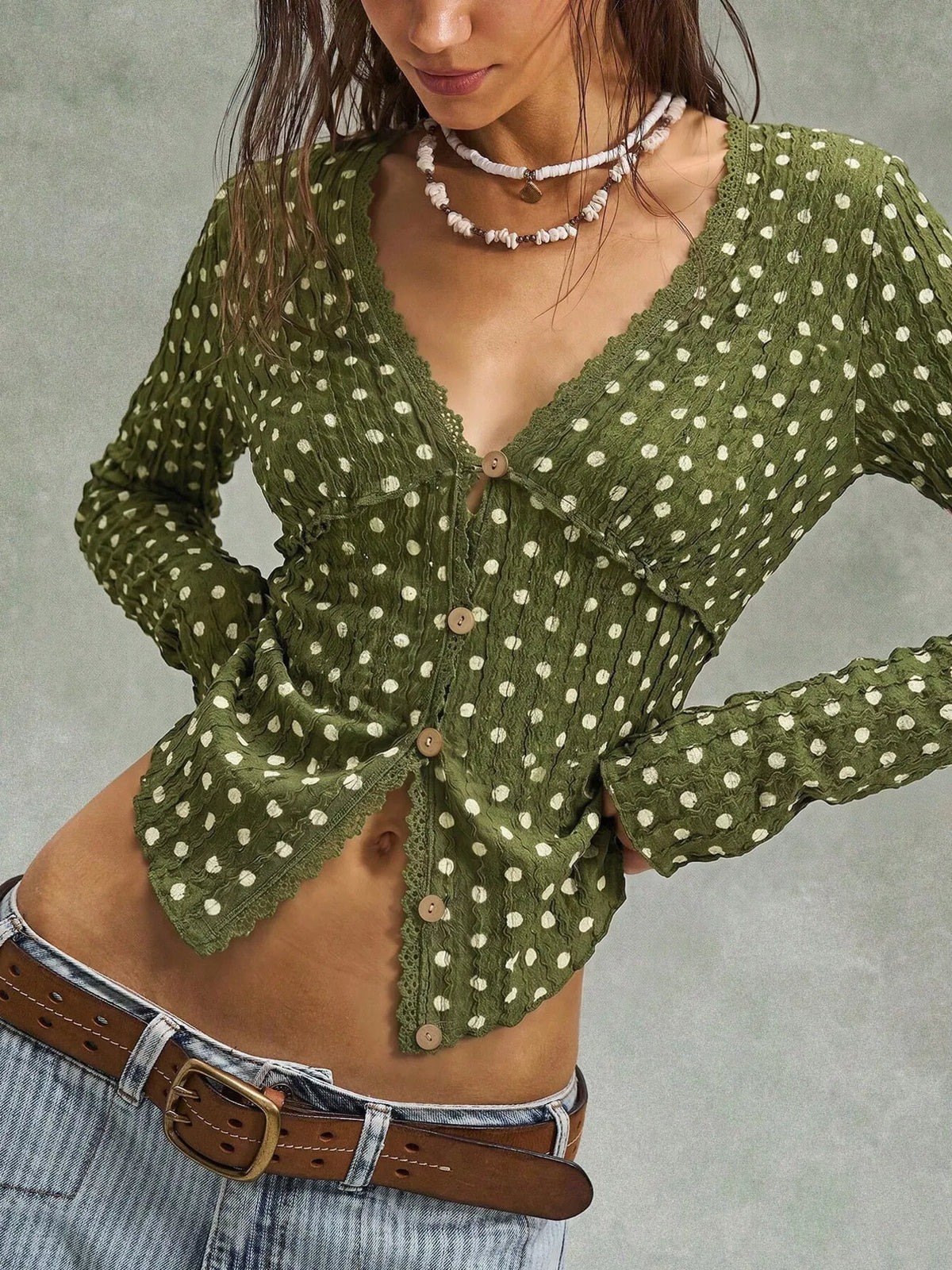 Polka Dot Button Down Textured Long Sleeve Blouse in Moss