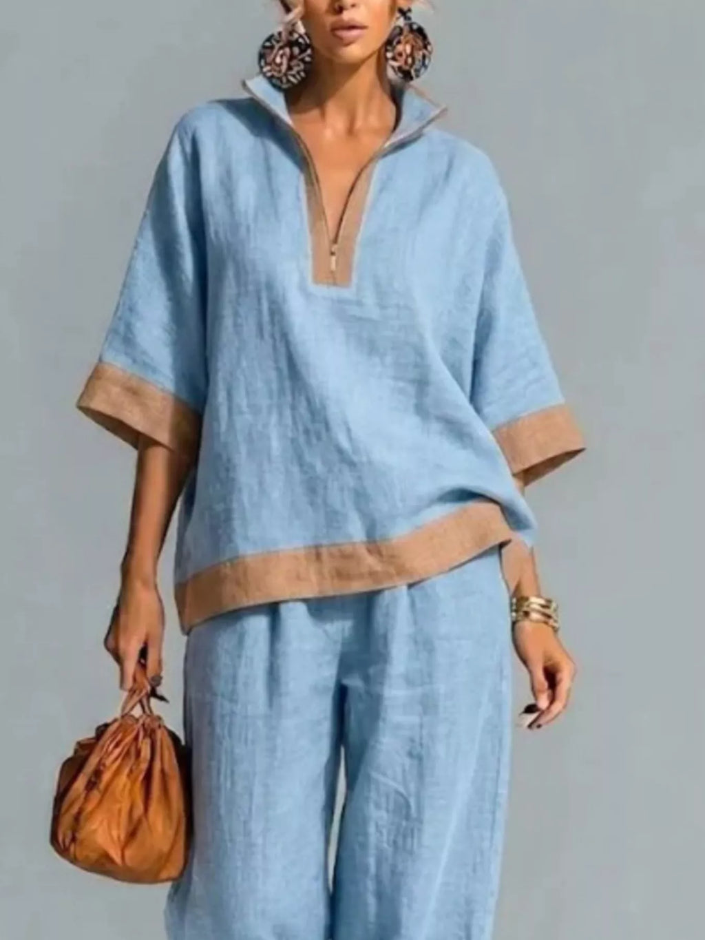 Full Size Contrast Trim Top and Wide Leg Pants Set Plus Size - Lilixa.store