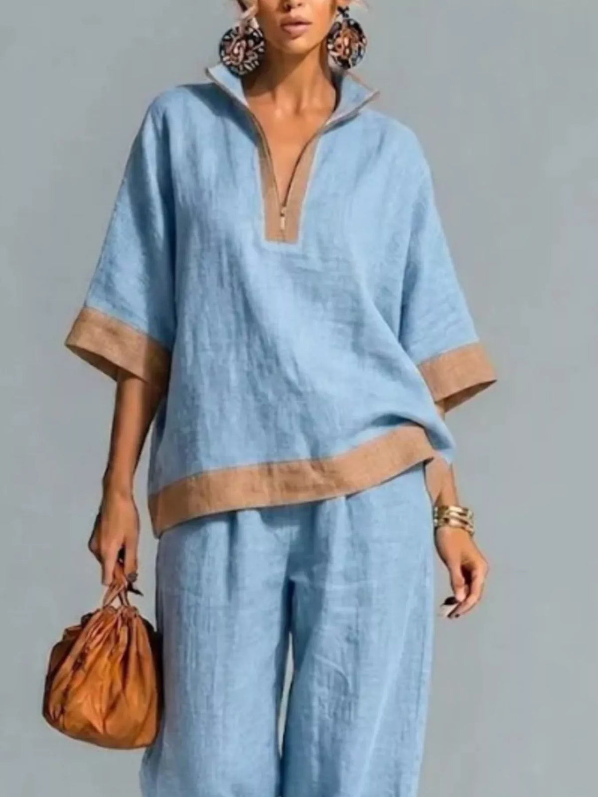 Full Size Contrast Trim Top and Wide Leg Pants Set Plus Size - Lilixa.store