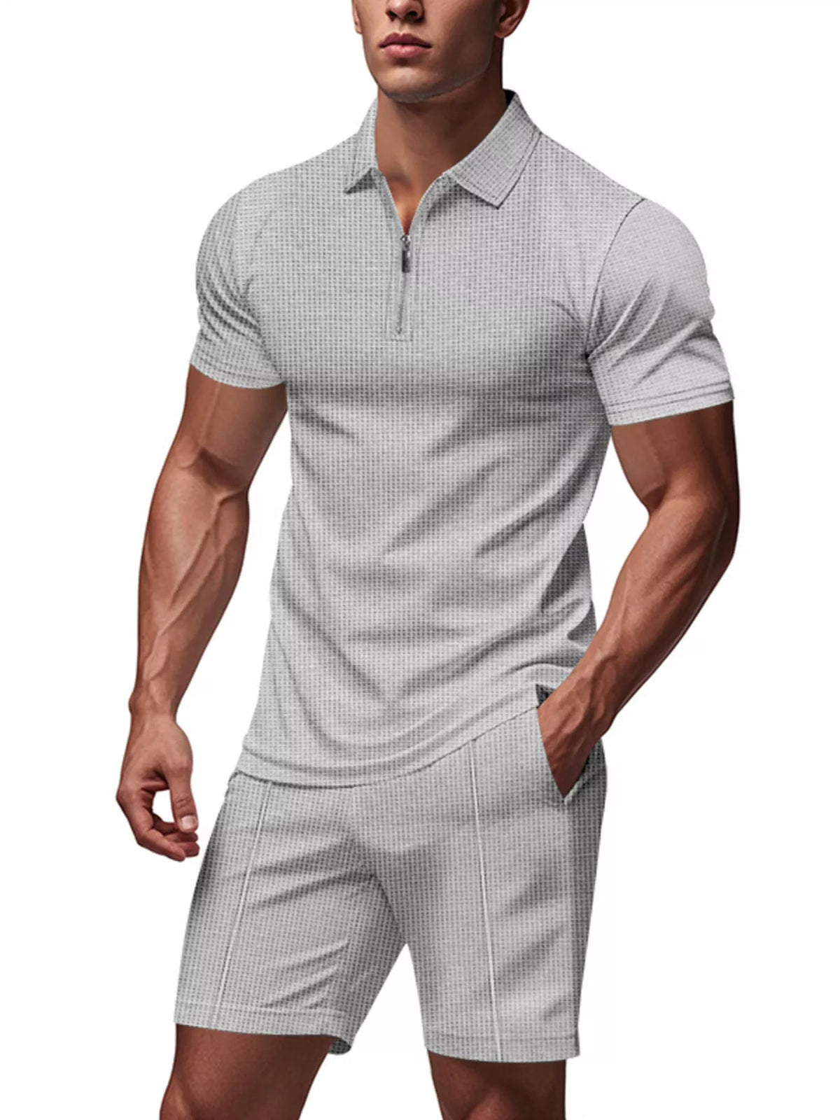 Men's Plus Size Quarter Zipper Polo Shirt and Shorts Set