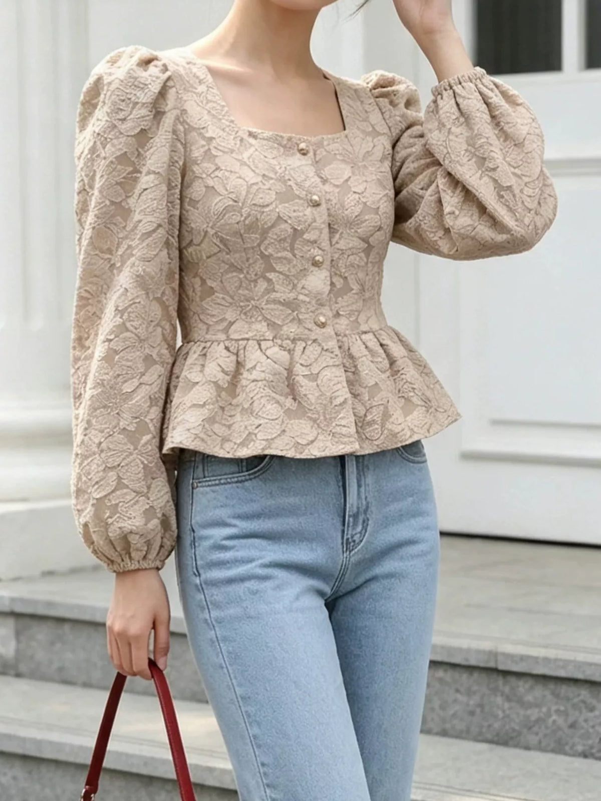 Square Neck Textured Peplum Blouse, view 11