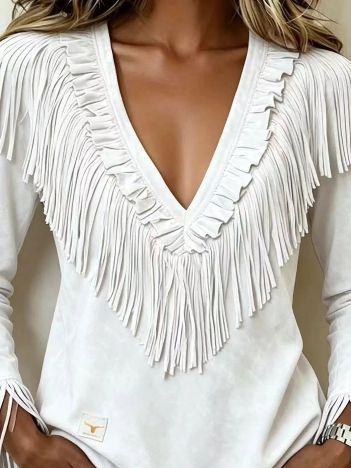 Fringed V-Neck Blouse