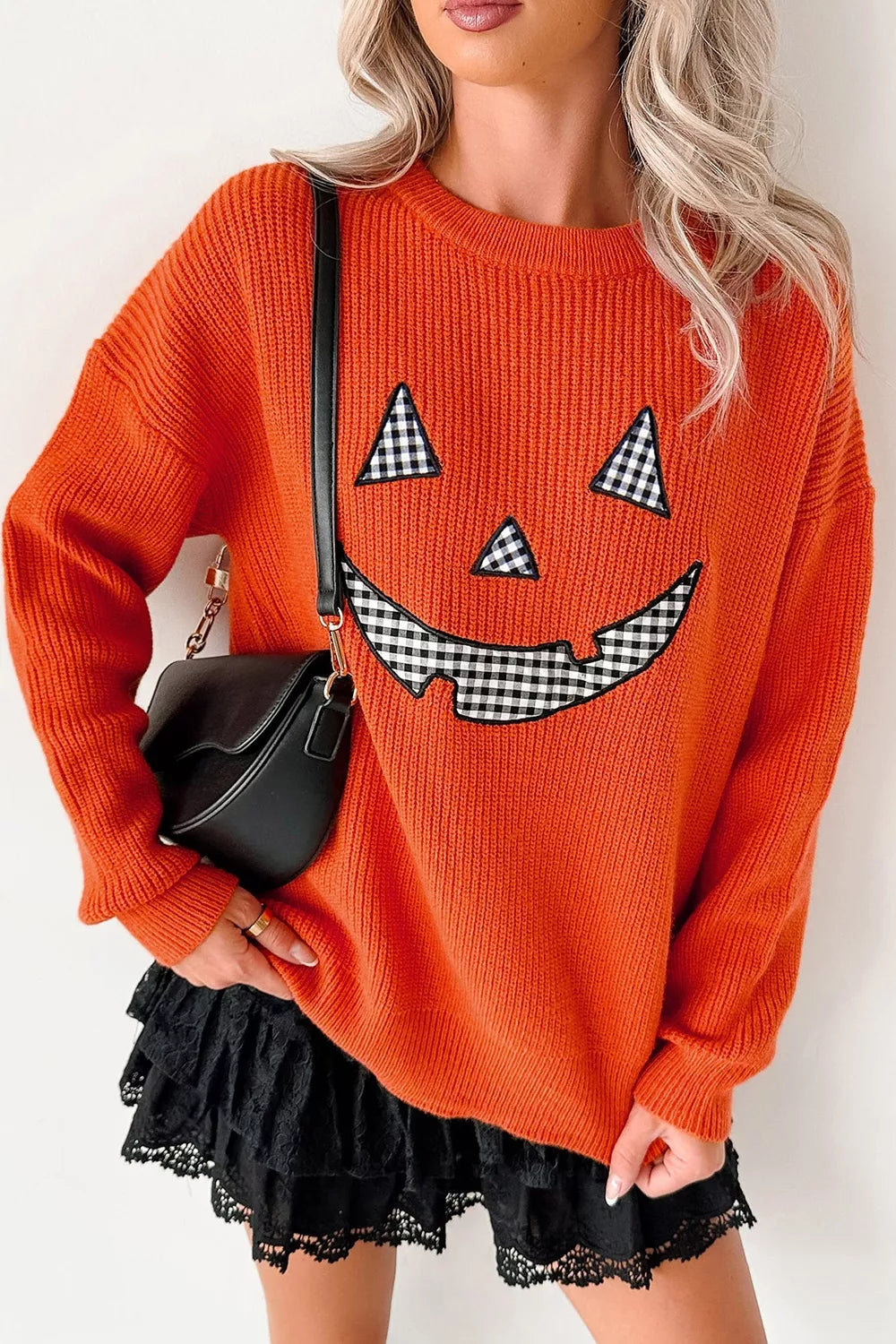 Drop Shoulder Long Sleeve Round Neck Halloween Sweater in Orange, view 6