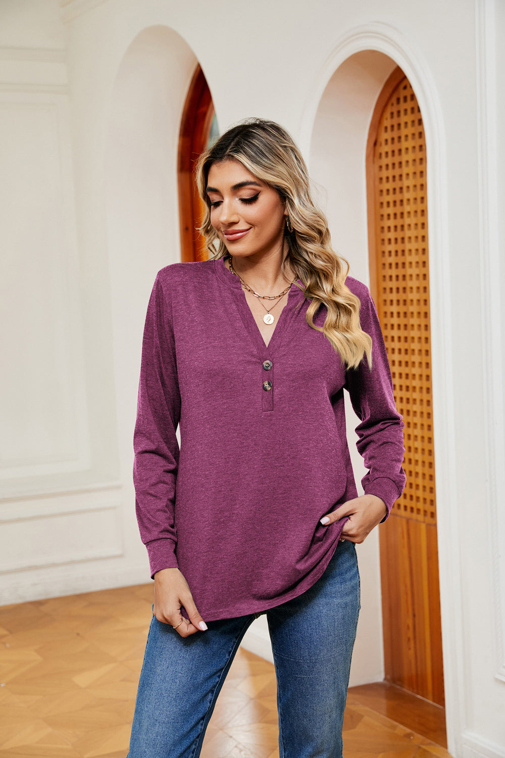 Buttoned Notched Neck Long Sleeve Top, view 14