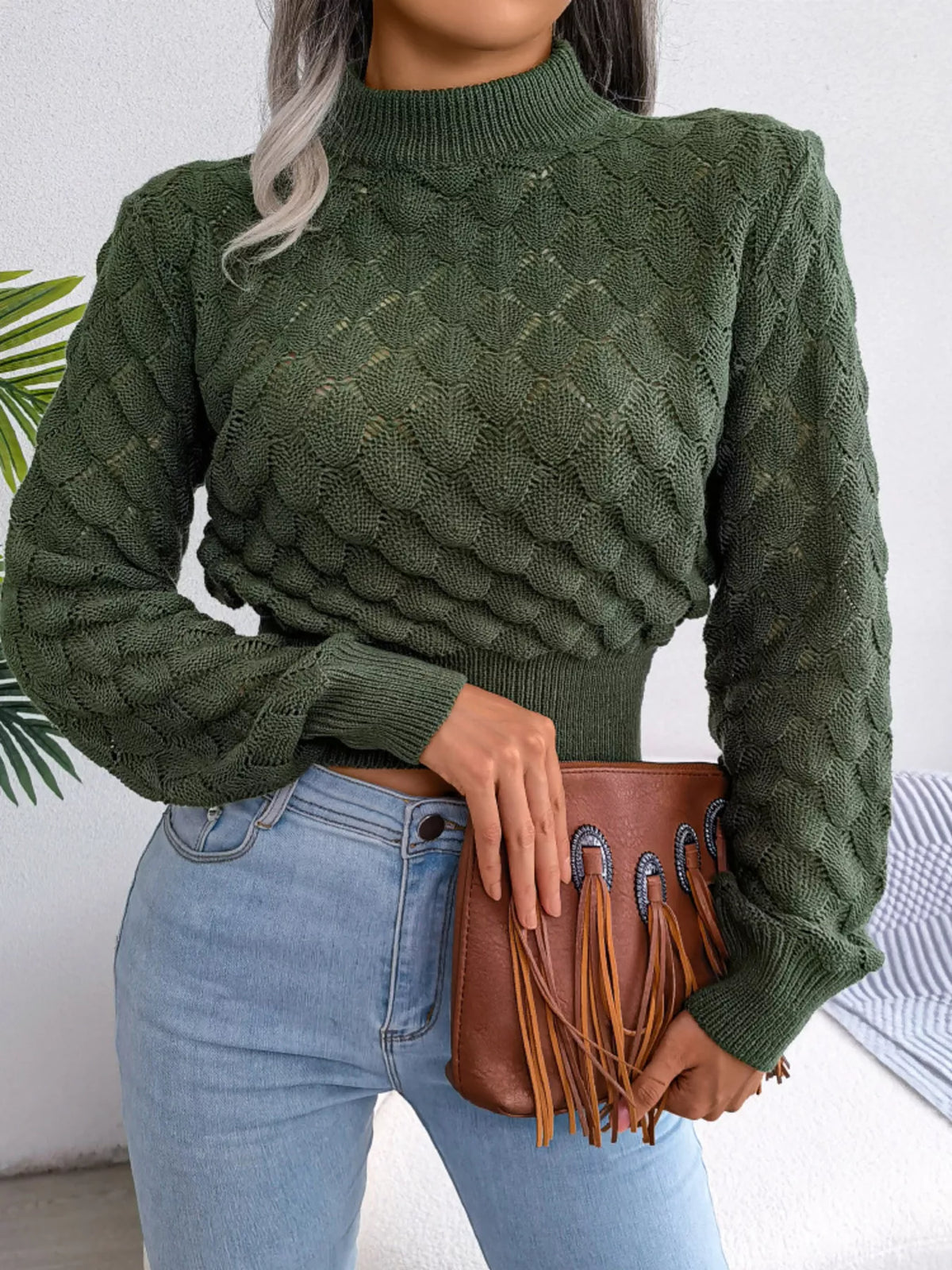 Mock Neck Textured Cropped Sweater