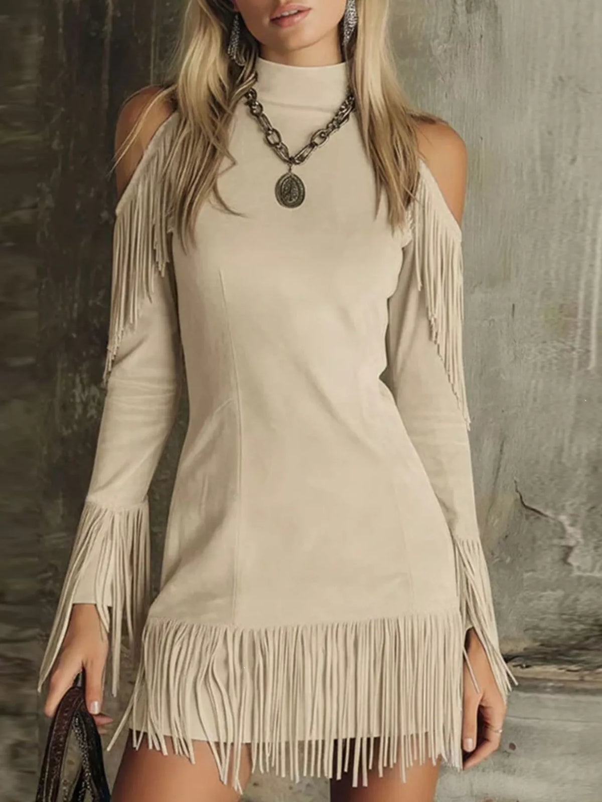 Fringed Cold Shoulder Mini Dress in Apricot