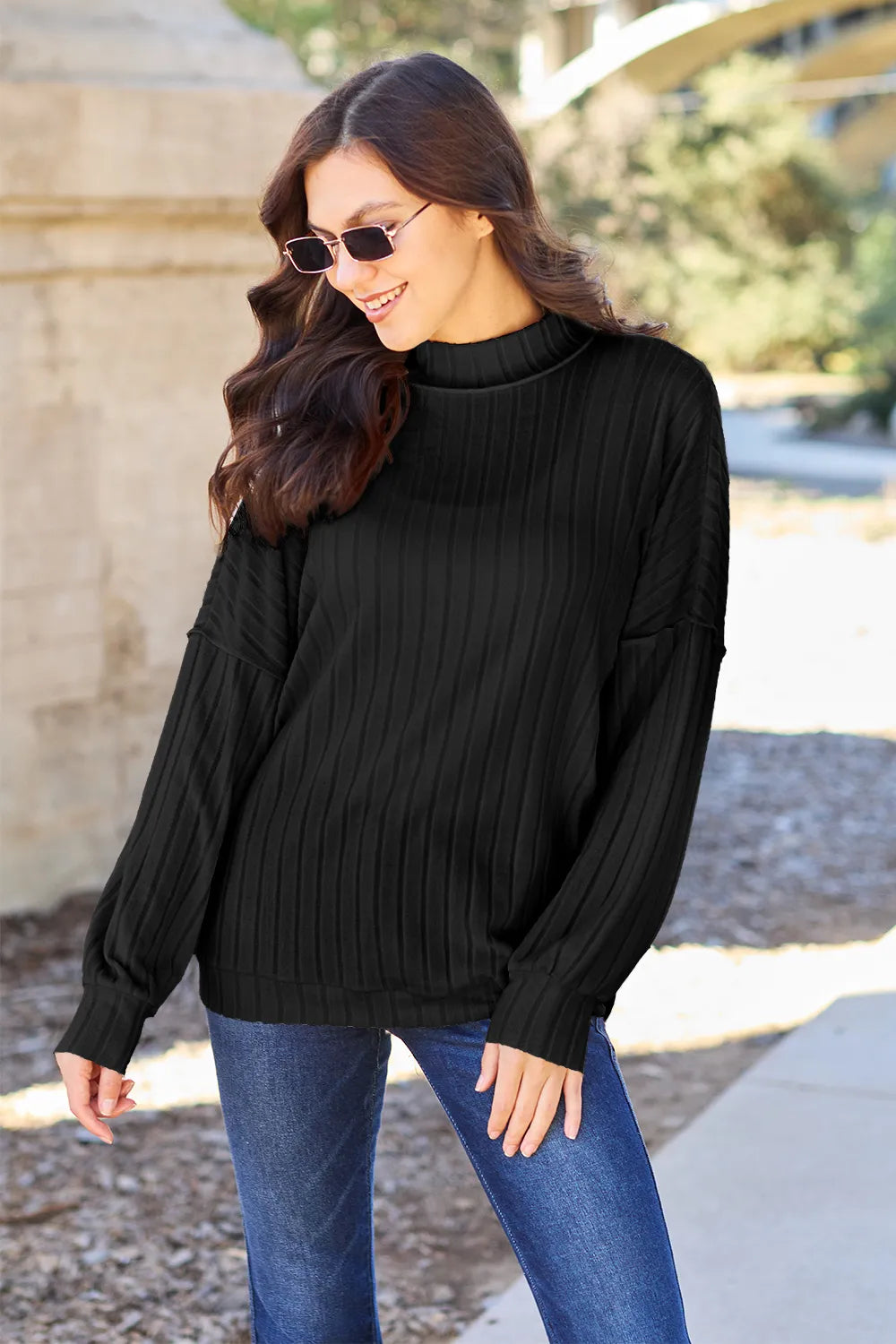Basic Bae Full Size Ribbed Exposed Seam Mock Neck Knit Top - Lilixa.store