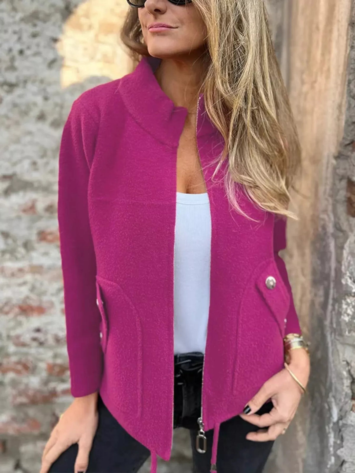 Full Size Textured Knit Zip Up Outerwear Plus Size in Rose Red