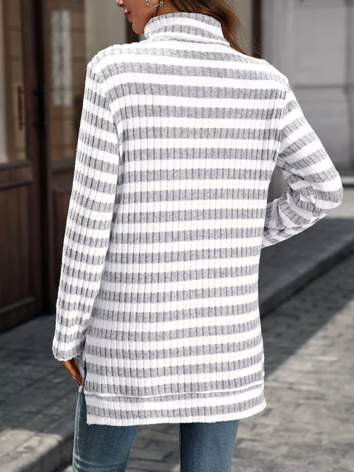 Striped Ribbed Knit Turtleneck Long Sleeve T-Shirt - Lilixa.store
