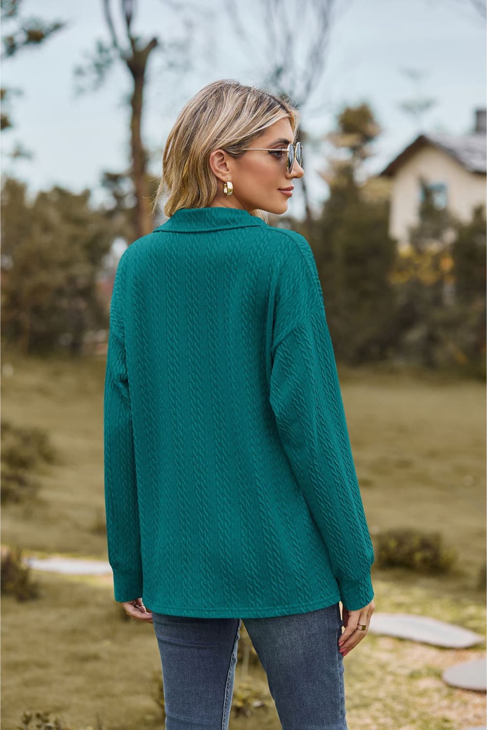 Collared Neck Cable-Knit Long Sleeve Blouse, view 8