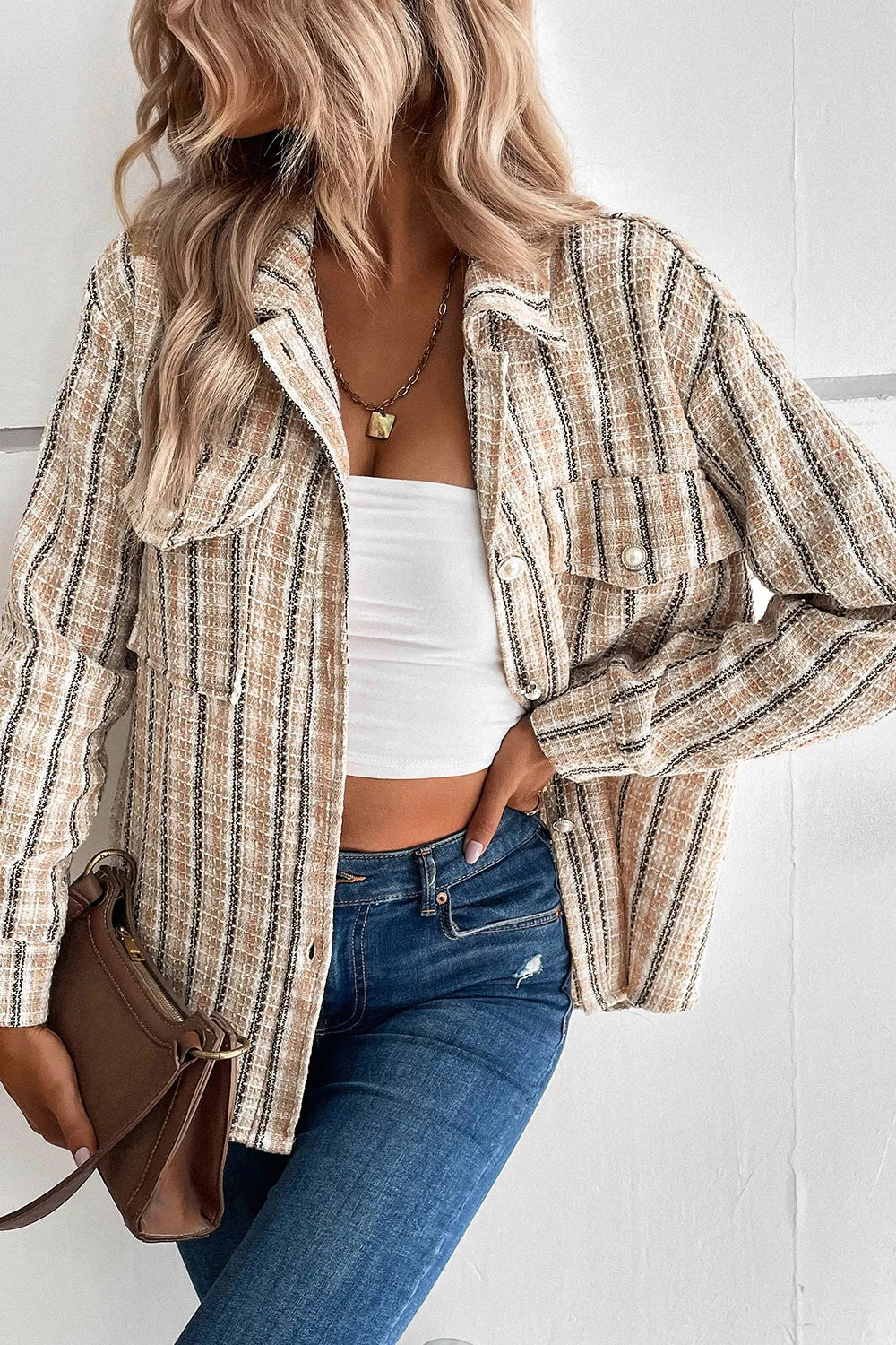 Perfee Pocketed Button Up Collared Neck Jacket in Tan, view 3