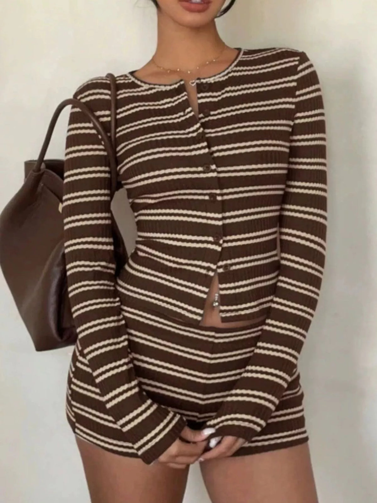 Striped Button-Down Cardigan and Shorts Set in Multicolor