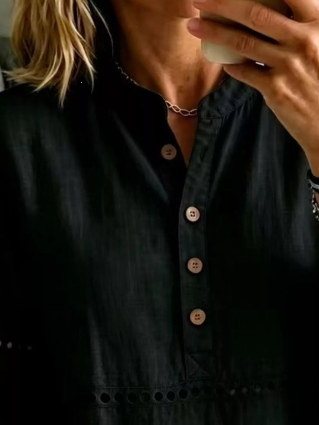 Full Size Button Detail Eyelet Long Sleeve Blouse Plus Size - Lilixa.store