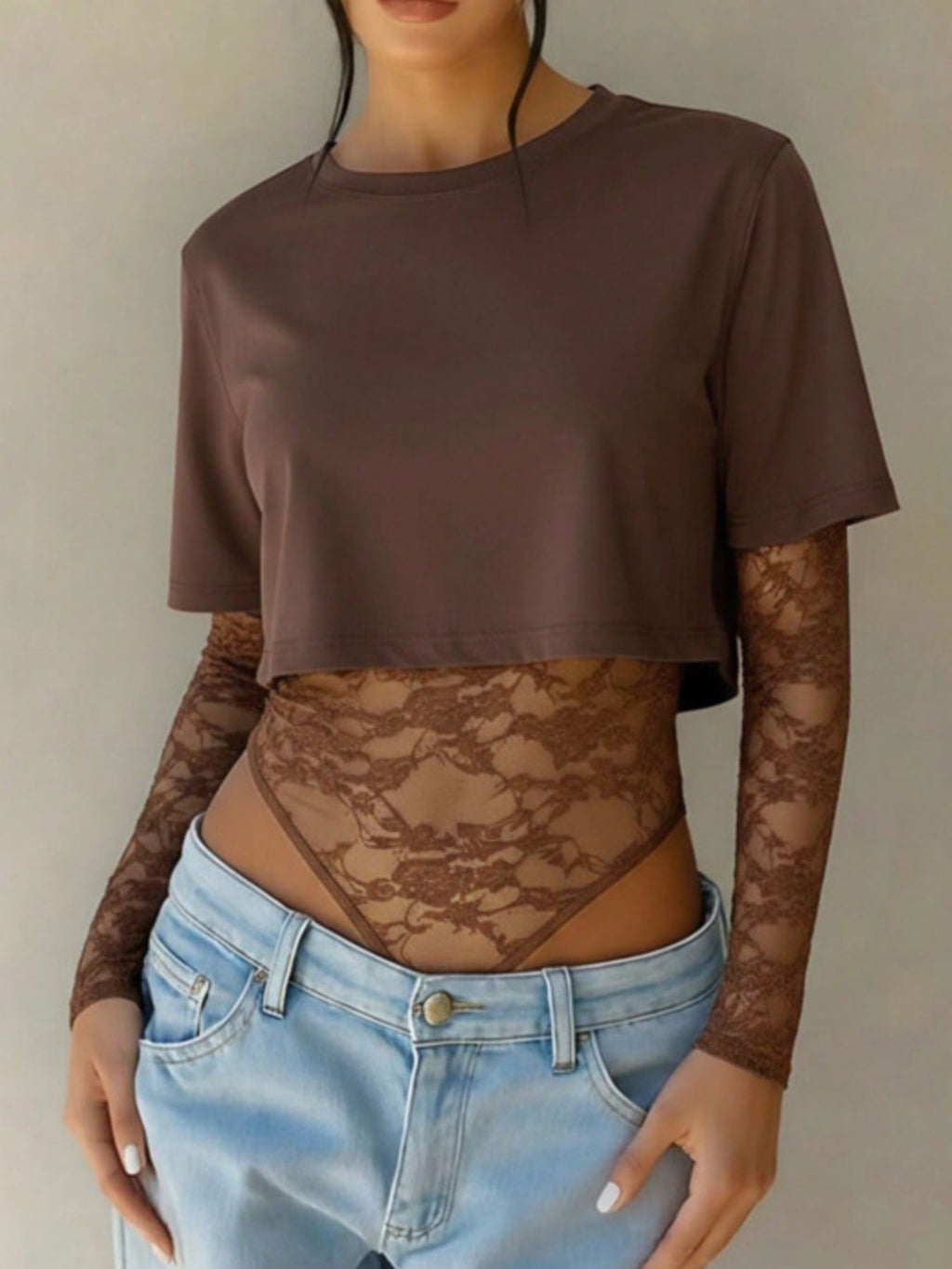 Lace Patchwork Round Neck Bodysuit - Lilixa.store