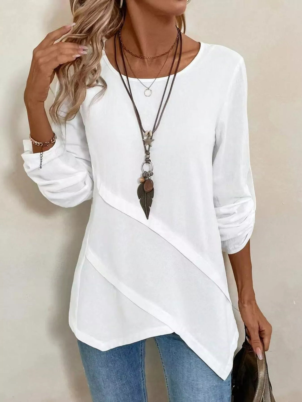 Asymmetrical Hem Solid Color Linen Blouse, view 2