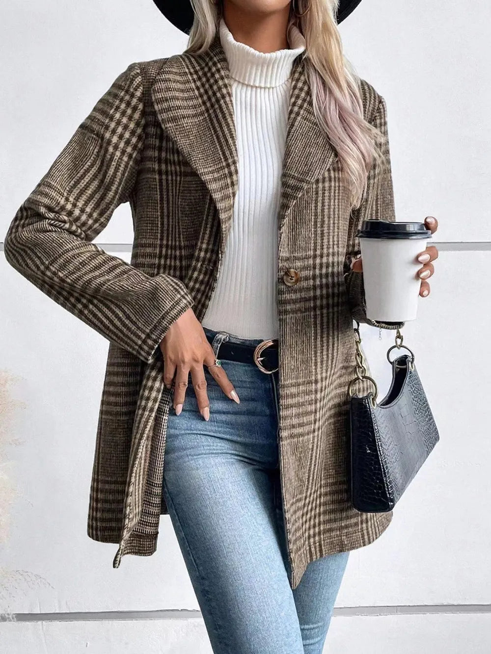 Plaid Collared Neck Long Sleeve Jacket, view 4