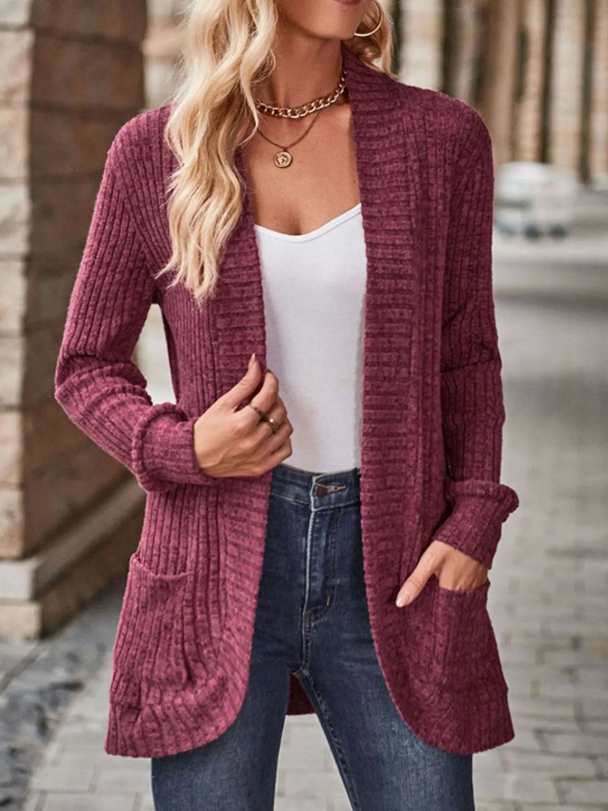 Ribbed Knit Open Front Cardigan with Pockets, view 3