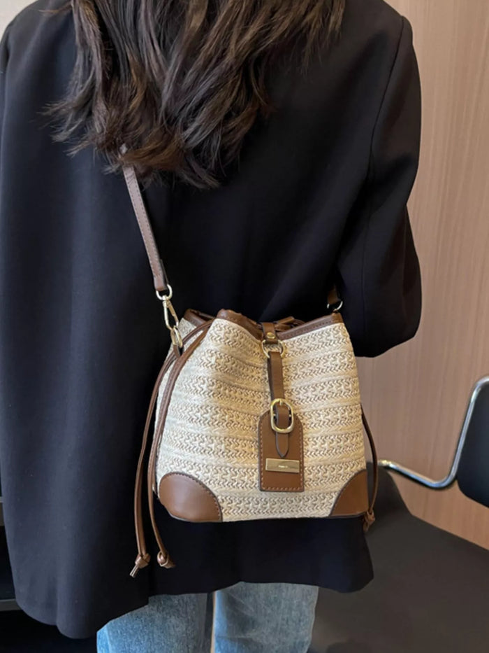 Woven Straw Bucket Crossbody Bag in Off-white