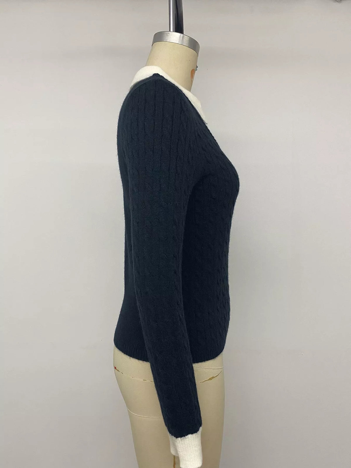 Cable Knit Contrast Collar Sweater in Navy, view 10