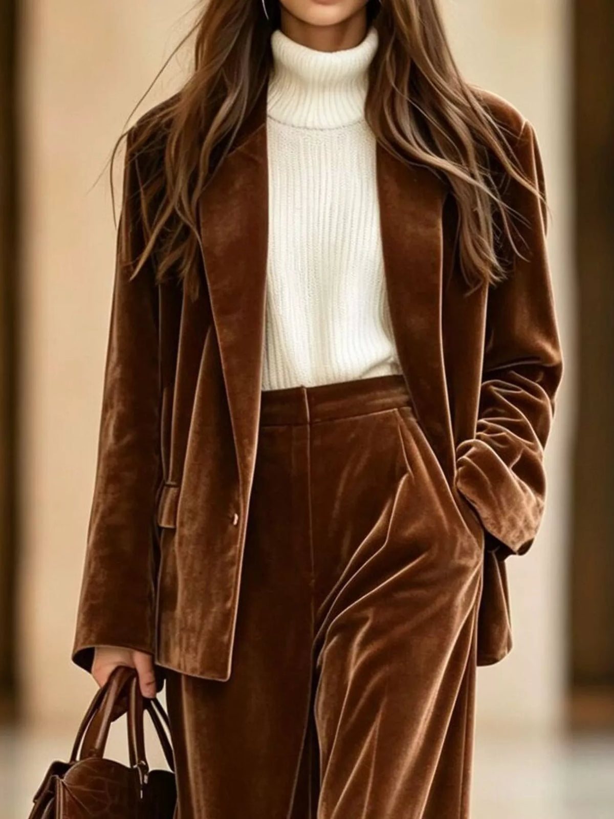 Velvet Blazer and Wide-Leg Pants Two-Piece Set - Lilixa.store