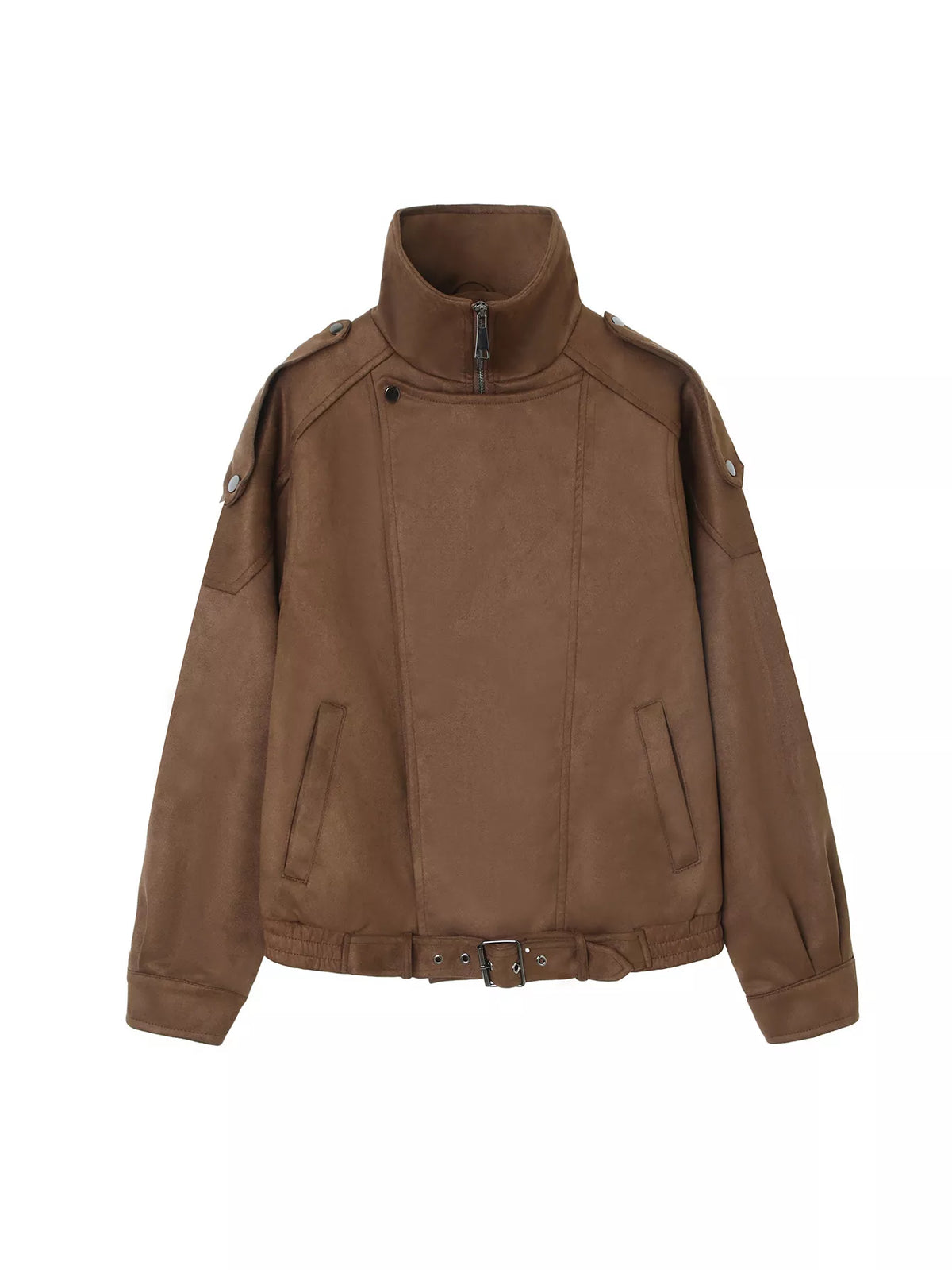 Asymmetrical Zipper Moto Jacket with Belt Detail in Brown, view 2