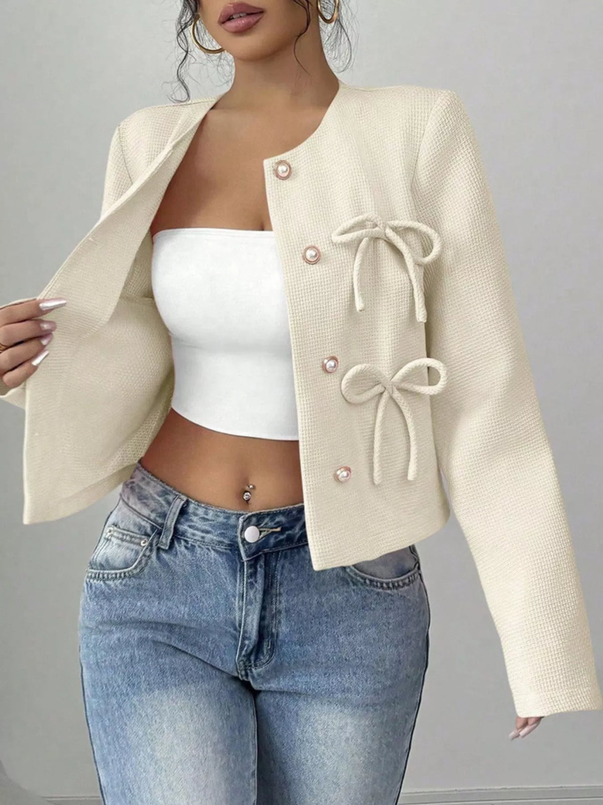 Bow Detail Cropped Outerwear, view 4