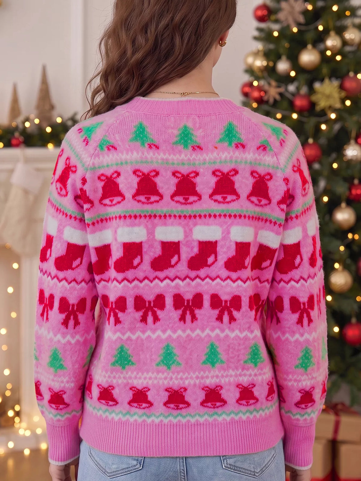 Christmas Holiday Graphic Round Neck Knit Sweater in Fuchsia Pink, view 2