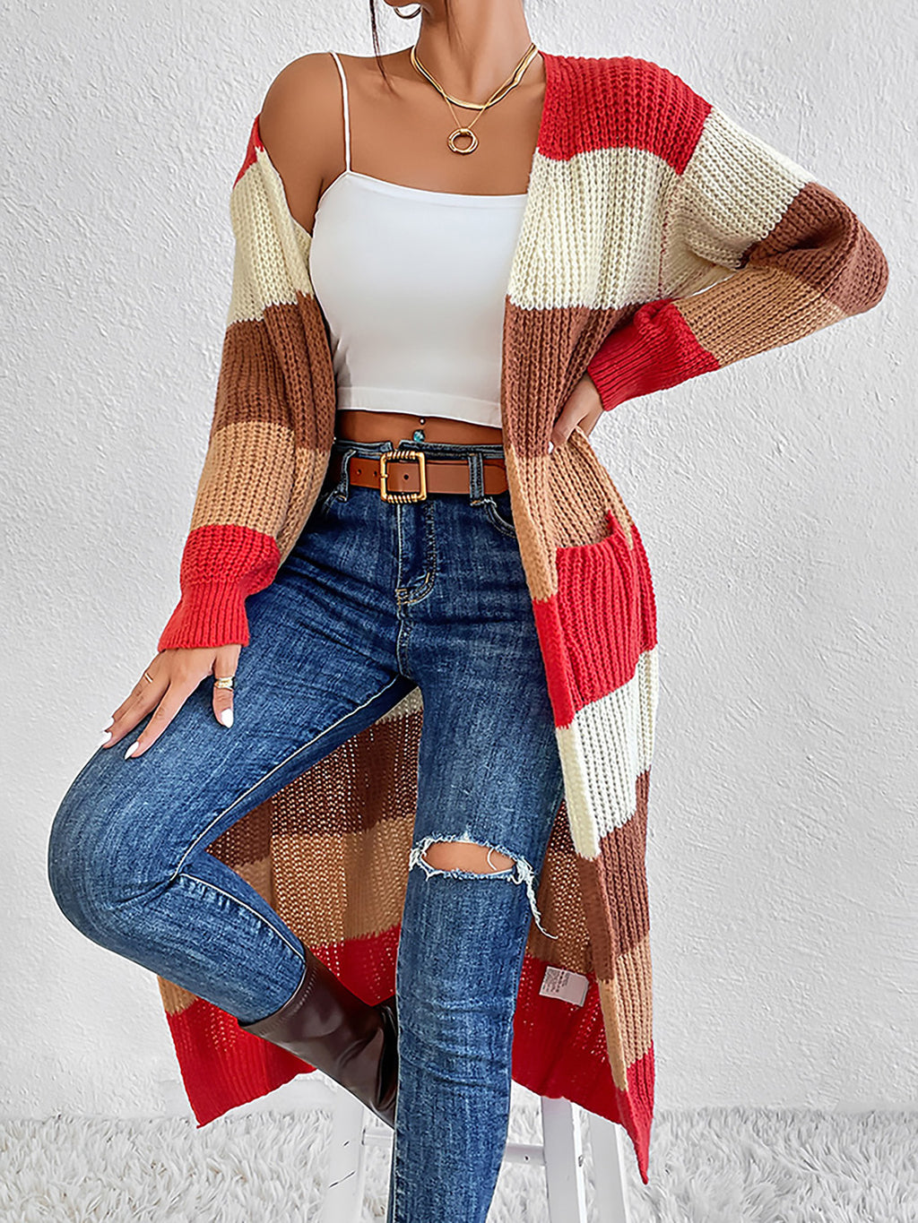 Color Block Open Front Longline Cardigan - Lilixa.store