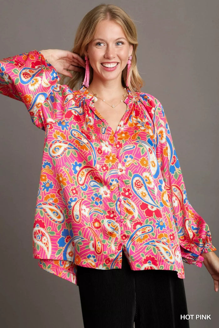 Umgee Full Size Satin Paisley Ruffle Neck Button-Up Shirt Plus Size in Hot Pink