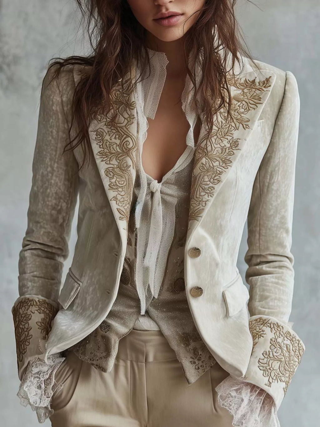 Embroidered Velvet Long Sleeve Blazer - Lilixa.store