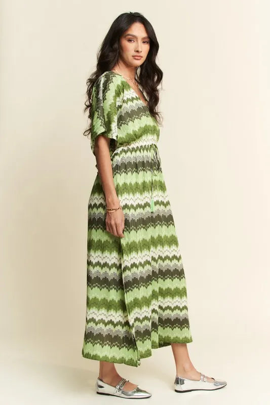 Davi & Dani Multi Color Wavy Tie Waist Flowy Sleeve Dress - Lilixa.store