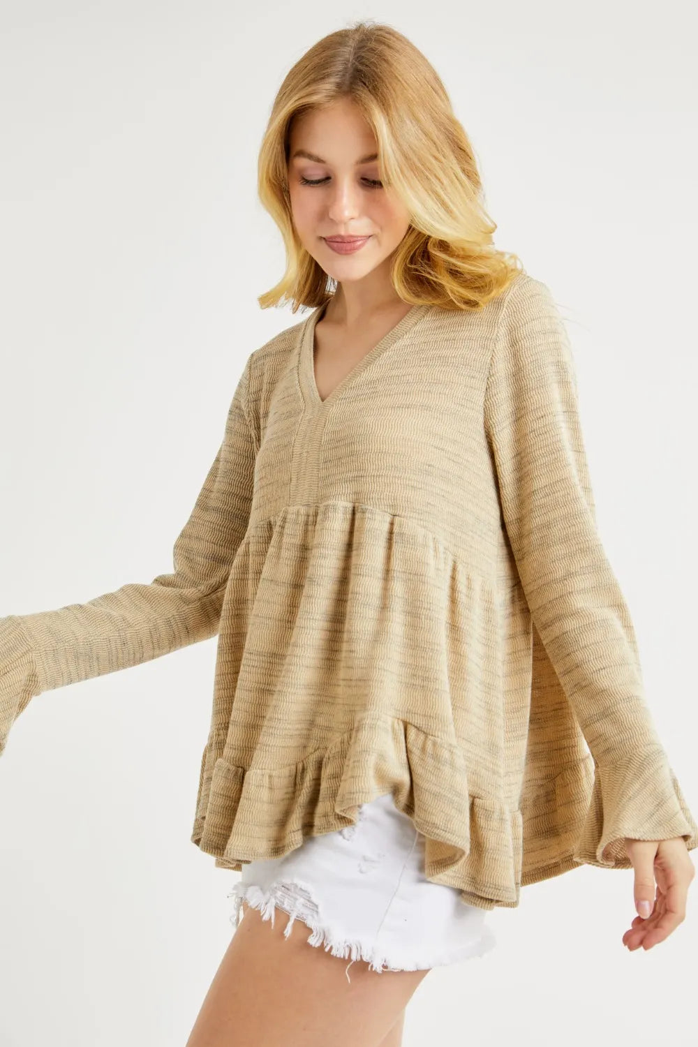 Hailey & Co V-Neck Flounce Sleeve Knit Top - Lilixa.store