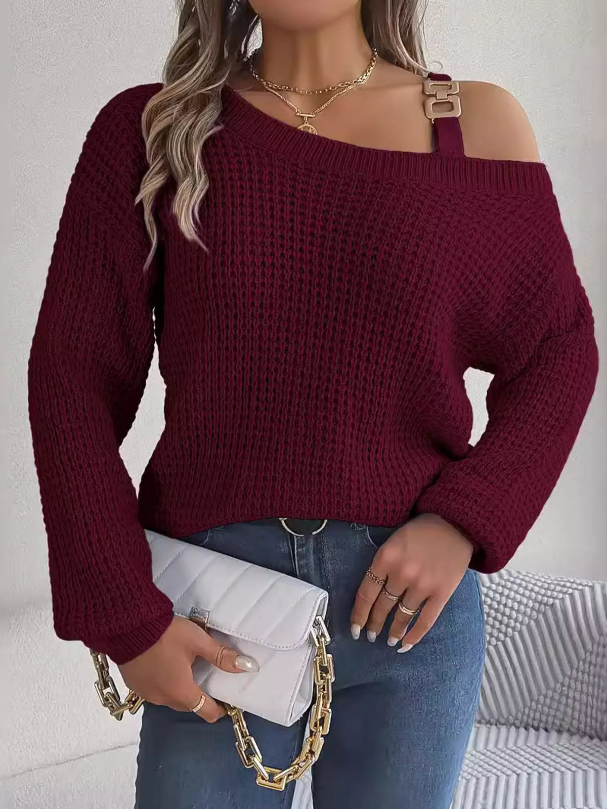 Asymmetrical Neck Long Sleeve Sweater - Lilixa.store