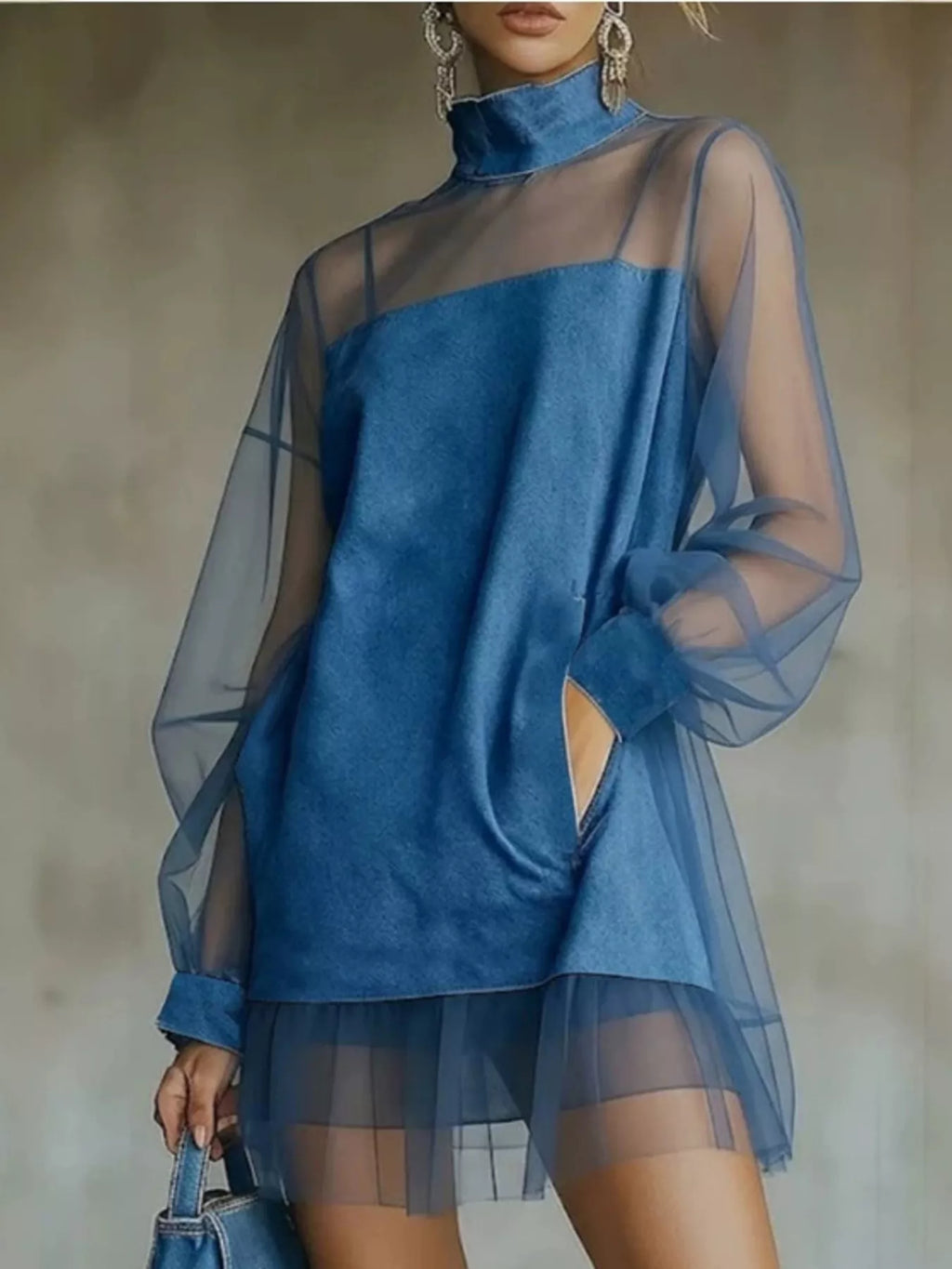 Sheer Mesh Turtleneck Mini Dress - Lilixa.store